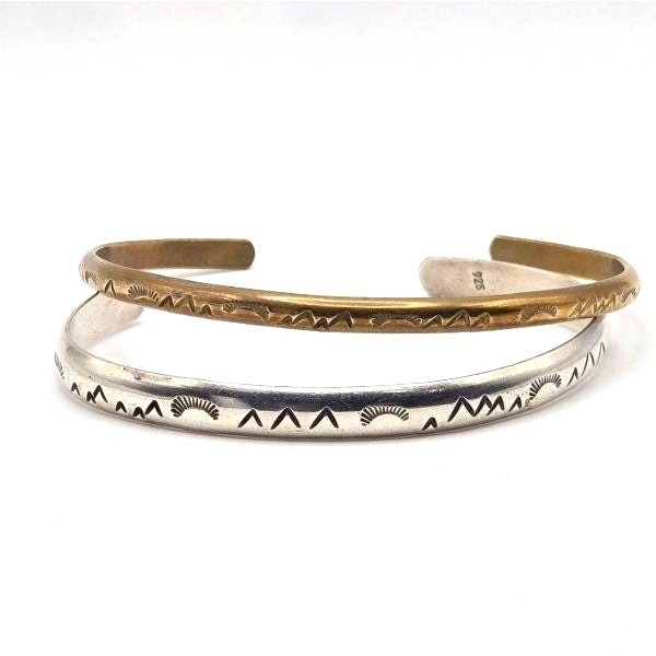 Vintage Sterling Brass Cuff Set Southwest Sun Mountain Hand Stamped Design 89$